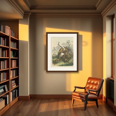 Antique Print of Lions Attacking a Giraffe, shown framed in a room