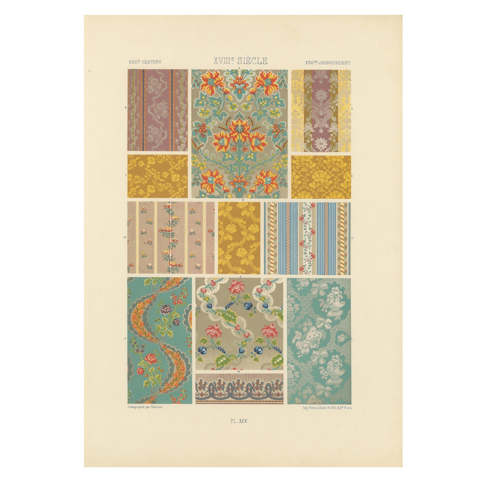 18th Century French Textile Patterns, Floral and Striped Rococo Fabrics, 1869