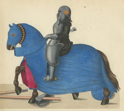 Hand-Coloured Jousting Litho: Knights on Striped and Starry Caparisoned Horses, close-up 3