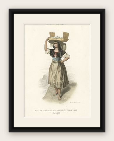 Antique Print of a Woman in Portugal Woman Selling Fish, 1850, shown framed