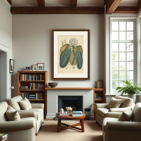 Large Antique Botany Print of The Falconer Rhododendron by Van Houtte, 1849, shown framed in a room