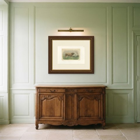 Parthenais Bull, Antique Cattle Print after Van Marcke, 1873, shown framed in a room