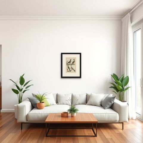 Rich & Bright, Hand-Colored, Rare Copper Engraving of Four Birds (1792)., shown framed in a room