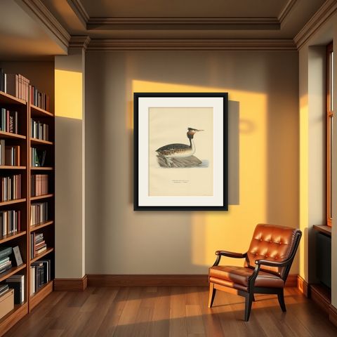 Antique Bird Print of the Great Crested Grebe by Von Wright, '1929', shown framed in a room
