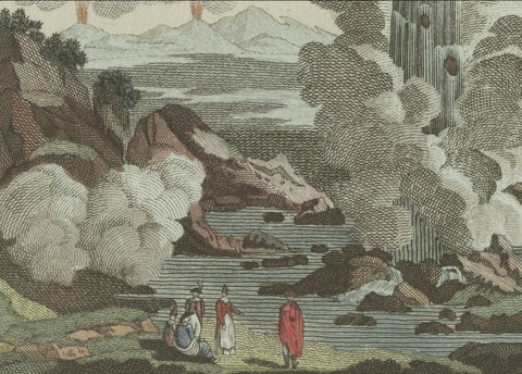 Original Antique Print of Iceland Geyser, Hekla and Orkney Bird Catchers, 1802, close-up 1