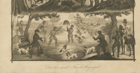 Badger and Otter Hunt, Antique German Engraving, circa 1840, close-up 5