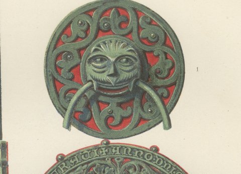Lion Head Door Knockers, Lüneburg and Hamburg, Antique Print, 1851, close-up 1