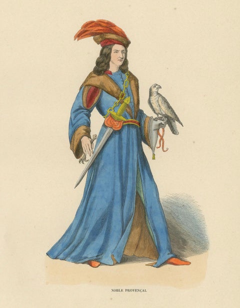 Original Hand-colored Lithograph of The Falconer: A Noble of Provence, 1845, close-up 5