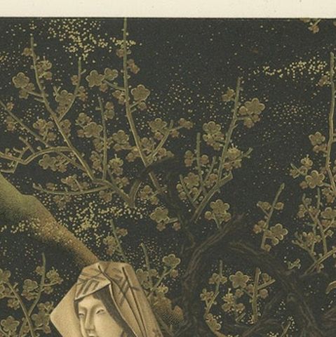 Japanese Woman in Plum Blossom Grove: Antique Lithograph, 1880s, close-up 6