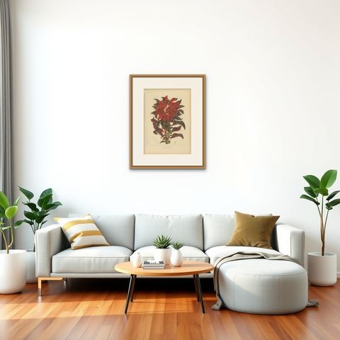 Original Antique Botanical Chromolithograph of Joseph's Coat, ca.1880, shown framed in a room