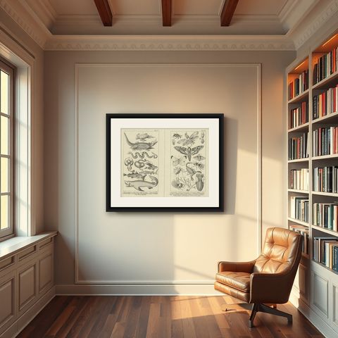 Antique Zoological Engravings of Reptiles, Fish & Insects, c.1800, shown framed in a room