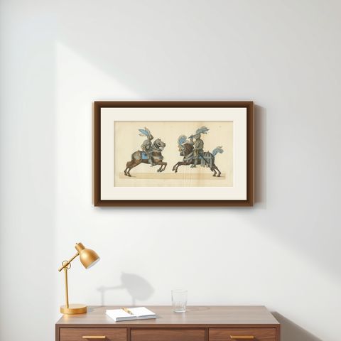 Hand-Coloured Litho of Knights in Jousting Armor on Caparisoned Horses, 1842, shown framed on a wall