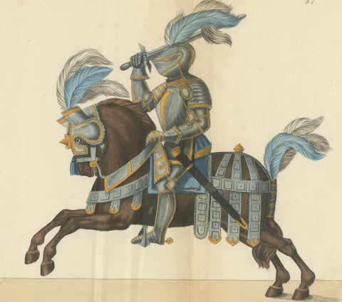 Hand-Coloured Litho of Knights in Jousting Armor on Caparisoned Horses, 1842, close-up 3