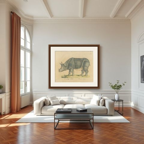 Indian Rhinoceros (Rhinoceros unicornis), Brodtmann Natural History Print, 1816, shown framed in a room