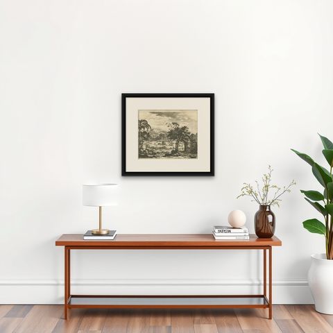 Antique Print of Horse Catching in Ceylon/Sri Lanka by P. Baldaeus (1672), shown framed on a wall