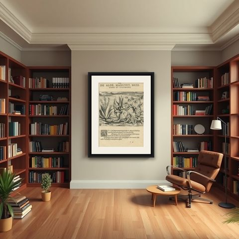 New World Flora: Aloe, Maguey, and Mexican Plants in De Bry's 1601 Work, shown framed in a room
