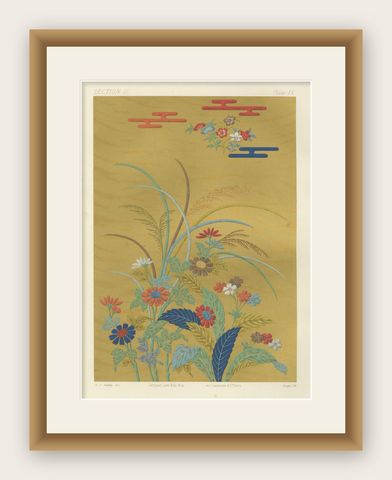 Japanese Floral Meadow on Golden Backdrop: Antique Lithograph, 1880s, shown framed