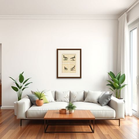 Antique Scandinavian Goose Lithographs Set of 4, Svenska Fåglar, Sweden 1929, shown framed in a room