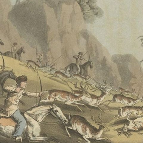 Decorative Hand-Colored Antique Print of Tartars Hunting Deer in Russia, 1813, close-up 2