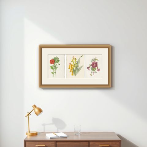 Set of Three Botany Prints Avens, Lachenalia, Achimenes, shown framed on a wall
