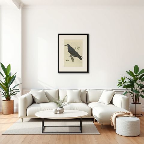 Antique Bird Print of the Rook by Sepp & Nozeman, 1797, shown framed in a room
