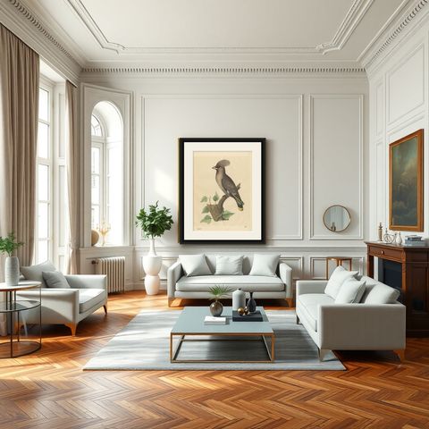 1846 Waxwing - Rare Hand-Colored Lithograph from Hoffmann's Book of the World, shown framed in a room