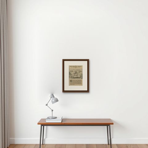 The Whale Harvest of St. Mary's Island - Copper Engraving by de Bry, 1601, shown framed on a wall