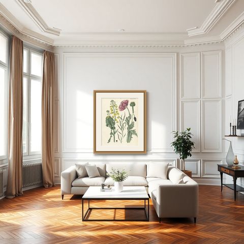 1854 Hand-Colored Botanical Lithograph of Rapeseed and Poppy, shown framed in a room
