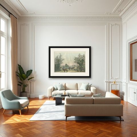 Chinese Landscape with Camel, Rhinoceros and Elephant, Antique Print, 1815, shown framed in a room