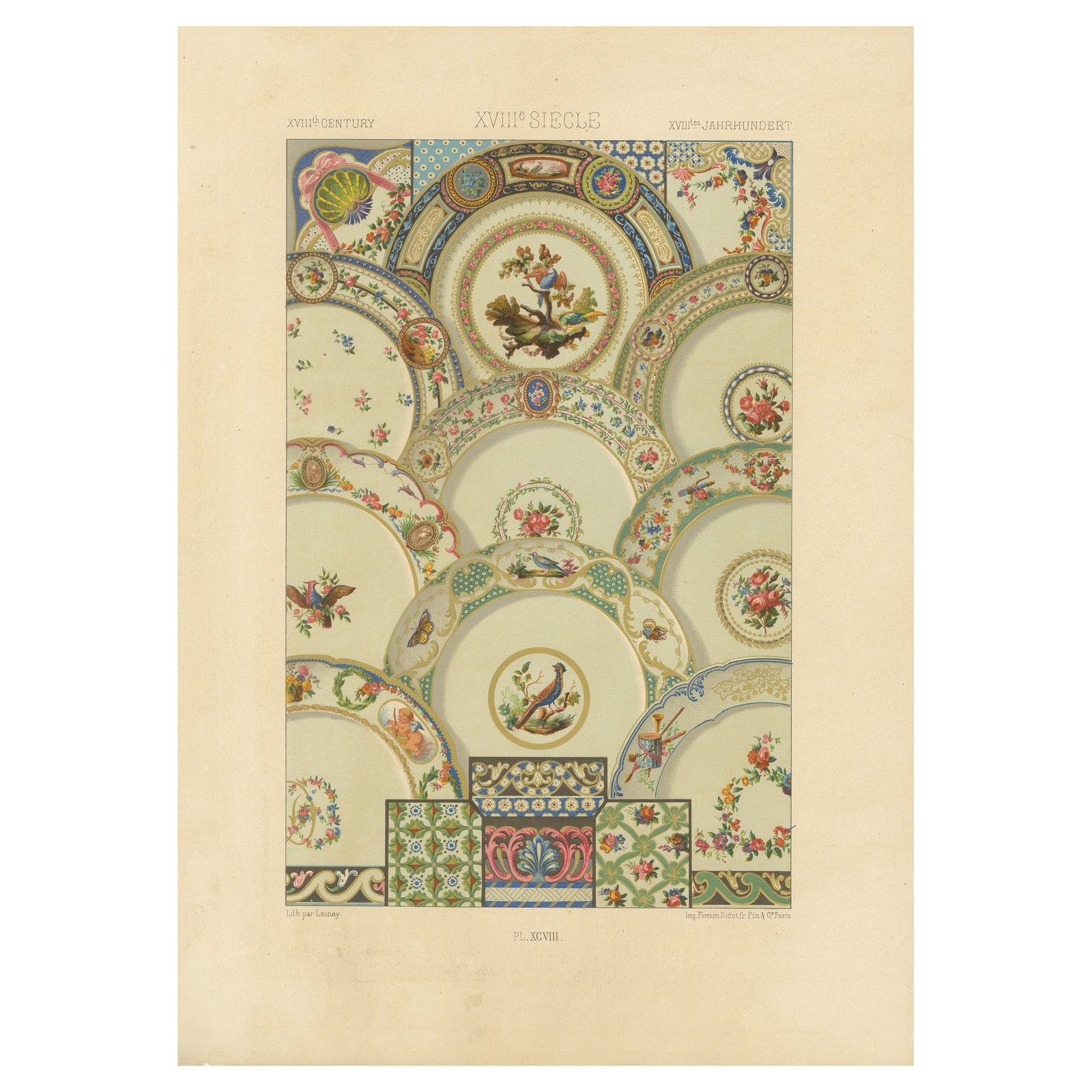 Rococo Ceiling Ornament, 18th-Century Floral and Bird Medallions, Plate XCVIII