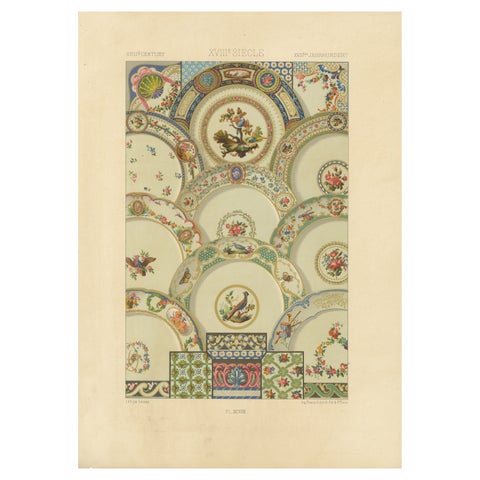 Rococo Ceiling Ornament, 18th-Century Floral and Bird Medallions, Plate XCVIII