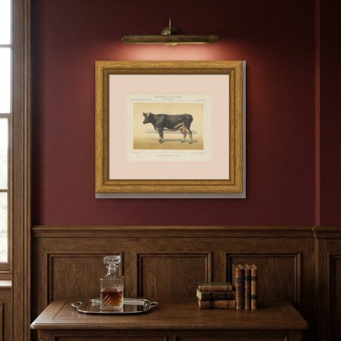 Dutch Dairy Cow, Black and White Cattle Chromolithograph, 1863, shown framed on a wall