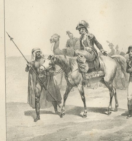 Entry into Syria, Bonaparte Gives Up His Horse, Antique Madou Lithograph, 1827, close-up 1