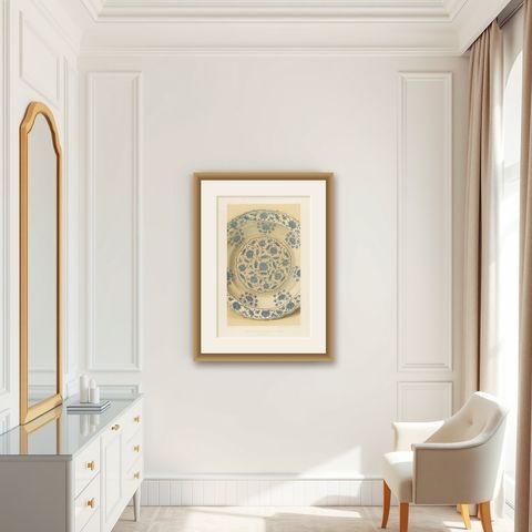 Persian Faience Dish with Blue Floral Ornamentation, J.Lessing, Berlin 1890, shown framed in a room