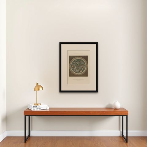 Persian-Turkish Faience Plate with Spiraling Floral Design, Julius Lessing 1890, shown framed on a wall