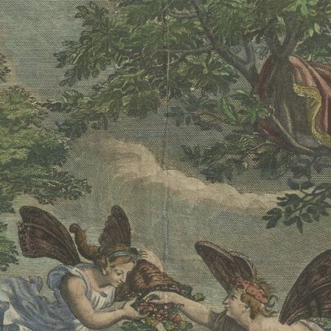 Rare Hand-Colored Antique Engraving of Flora Lying on a Bed Surrounded by Angels, close-up 4