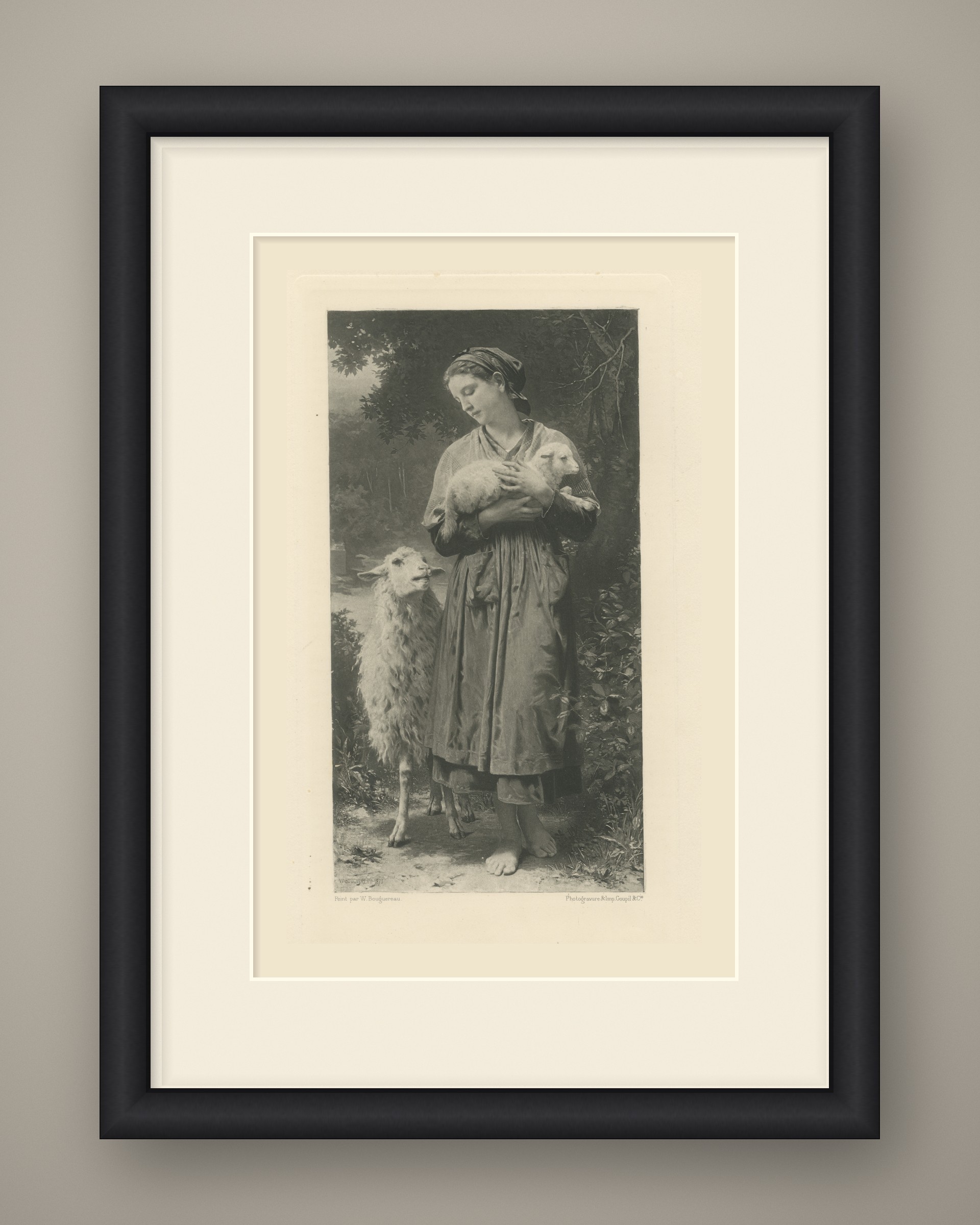 The Newborn Lamb after William Bouguereau, Antique Photogravure, circa 1880, shown framed