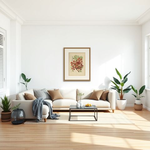 Antique Royal Poinciana Botanical Chromolithograph by Hoola van Nooten, c. 1880, shown framed in a room