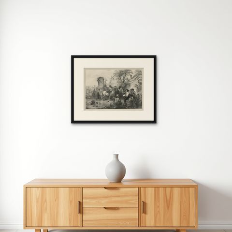 Old Print of Wouwerman and the Study of Horses, 1842, shown framed on a wall