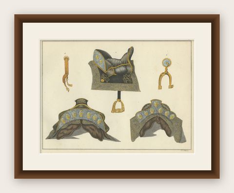 Hand-Coloured Lithograph of Ornate Medieval Horse Saddles and Stirrups, 1842, shown framed