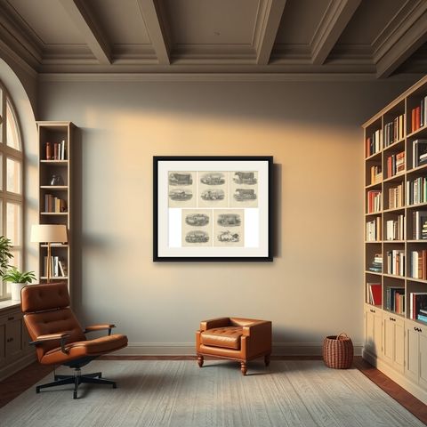 Set of 5 Antique Prints of Farm Animals Cow, Bull, Sheep, Pig, circa 1879, shown framed in a room