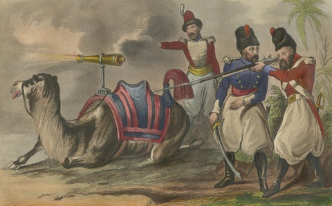 Antique Persian Military Scene with Camel, Hand-Colored Engraving c1820, close-up 2
