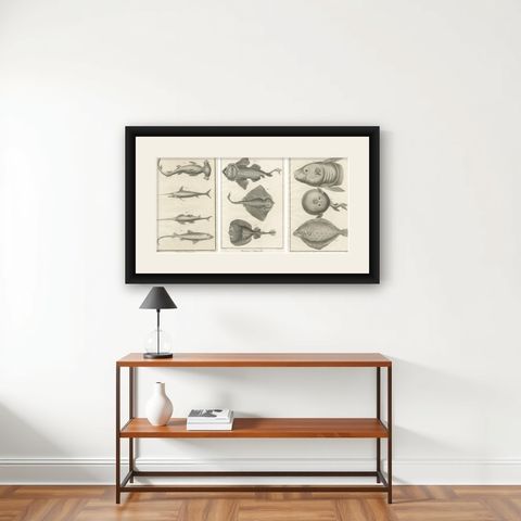 Decorative Set of Three Antique Fish Prints - Ornamental History Prints, ca.1770, shown framed on a wall