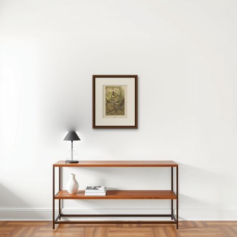 Antique Bird Print of Titmouses by American Lithographer Prang, 1898, shown framed on a wall
