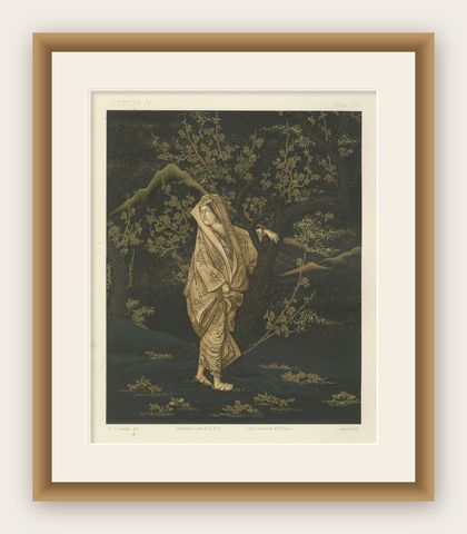 Japanese Woman in Plum Blossom Grove: Antique Lithograph, 1880s, shown framed