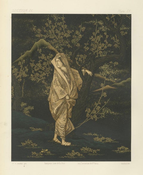 Japanese Woman in Plum Blossom Grove: Antique Lithograph, 1880s, close-up 5