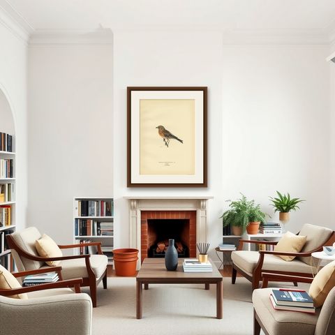 Antique Bird Print of a Male Brambling by Von Wright, 1927, shown framed in a room