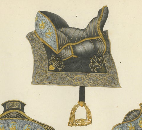 Hand-Coloured Lithograph of Ornate Medieval Horse Saddles and Stirrups, 1842, close-up 3