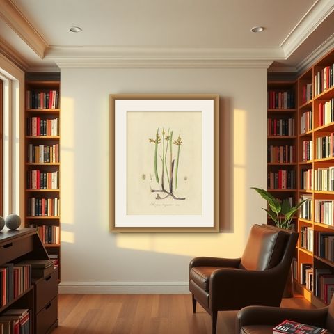 Antique Botany Print of Schoenoplectus Triqueter by Sepp, 1830, shown framed in a room