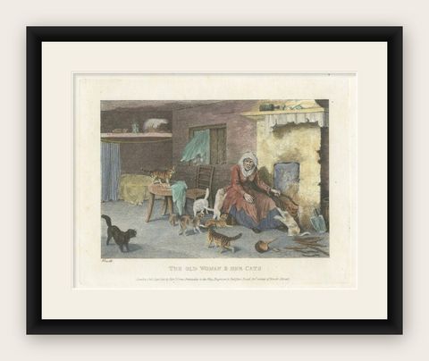 The Old Woman and Her Cats, 1809 Hand-Colored Etching by Edward Orme, shown framed